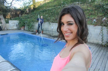 Slutty big eyed brunette Julia Roca gets on her knees to give super POV blowy