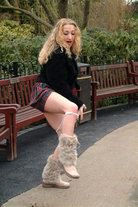 Slutty blonde Ayla plays with her big tits & rubs her twat in public