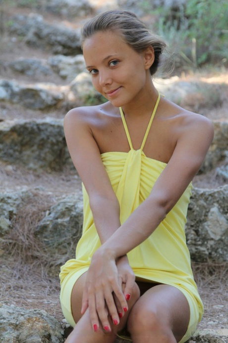 Cute teen Mango A in mini dress spreading outdoors for closeup of bald twat