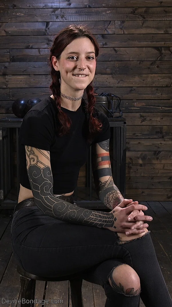 Submissive American Cam Damage gets spanked & toyed while bound  - Tattoo, BDSM, Teen, Perfect, Clothed, Redhead, Dildo, Jeans, Bondage, Natural Tits  - Photo 1