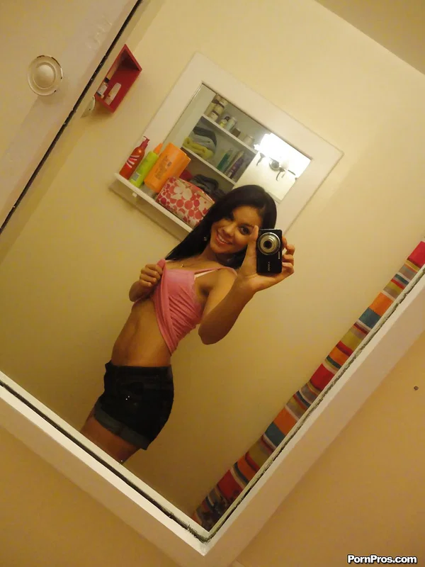 Hot chick Ruby Knox taking selfies in mirror while removing her clothes  - Selfie, Girlfriend, Bath, Panties, Nipples, Brunette, Ass, Babe, Clothed, Big Tits  - Photo 3